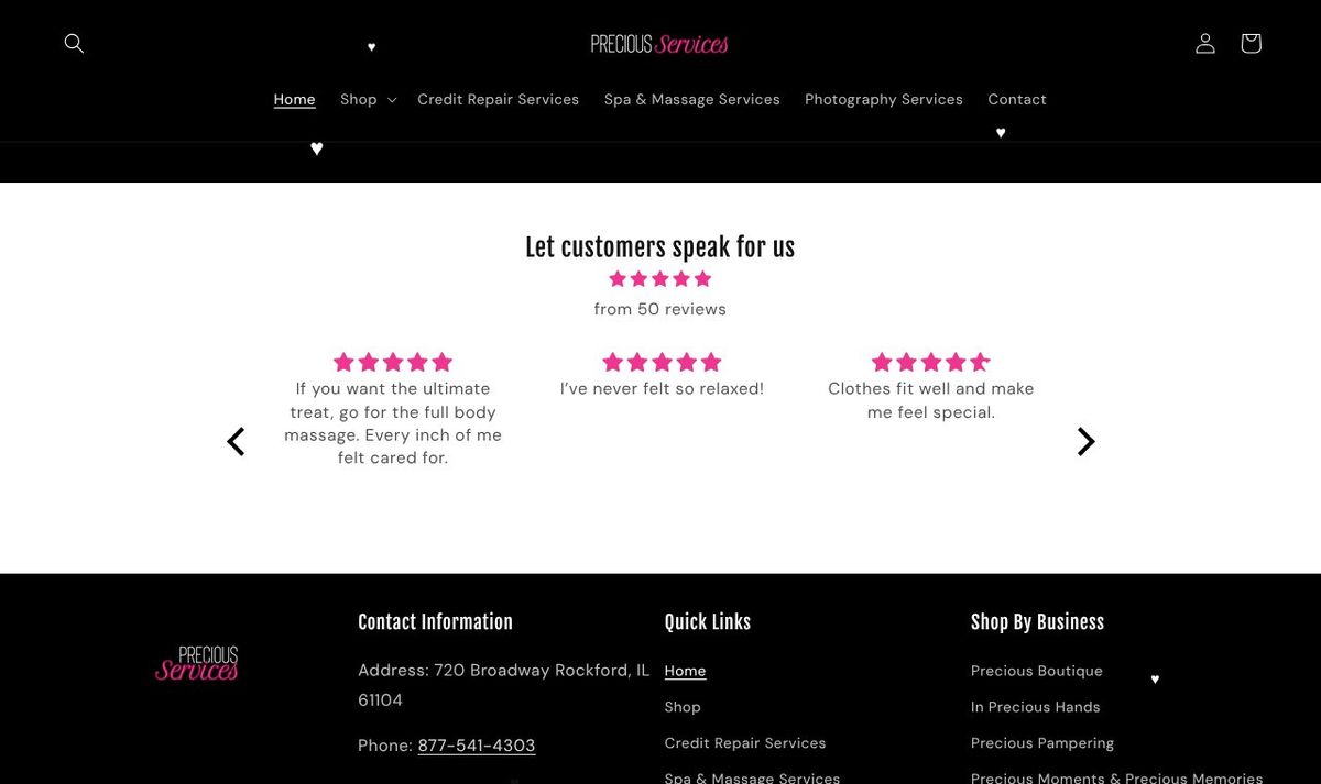 Precious Services Shopify store